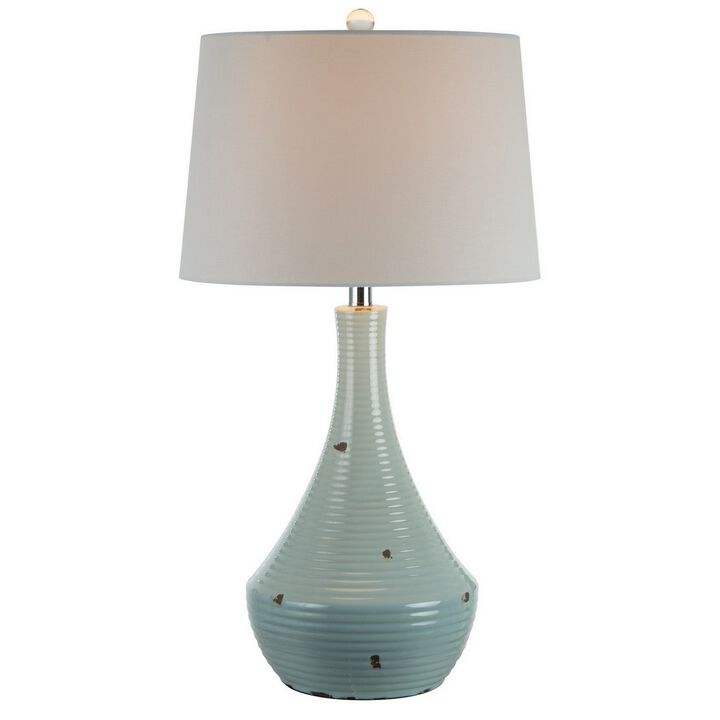 28 Inch Table Lamp with Clean Lines, Empire Shade, Ceramic, Teal Blue - Benzara