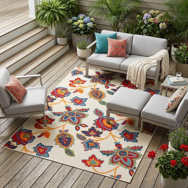 HomeRoots Floral Non Skid Indoor Outdoor Area Rug