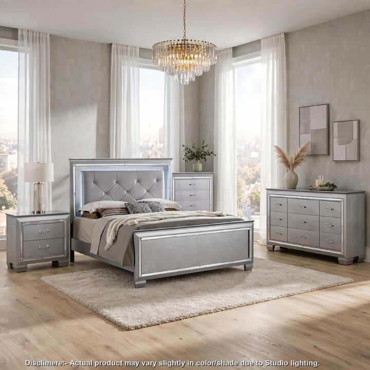 Queen Bedroom Set, Silver and Gray, 4 Piece Set with Chest, Dresser, and Nightstand