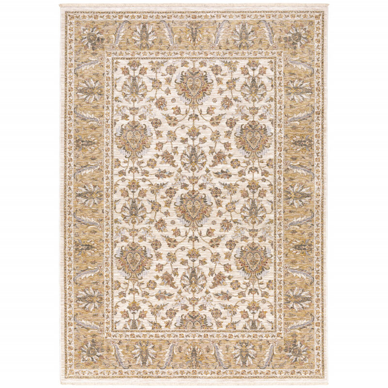 3 X 5 Ivory And gold Oriental Power Loom Stain Resistant Area Rug With Fringe