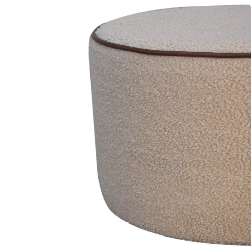 Solid Wood Boucle Round Footstool with Bufallo Leather Piping