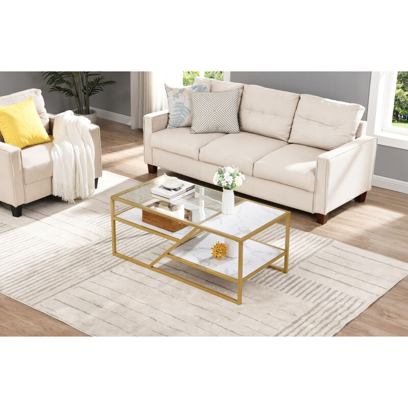 Golden Coffee Table with Storage Shelf, Tempered Glass Coffee Table with Metal Frame for Living Room Bedroom