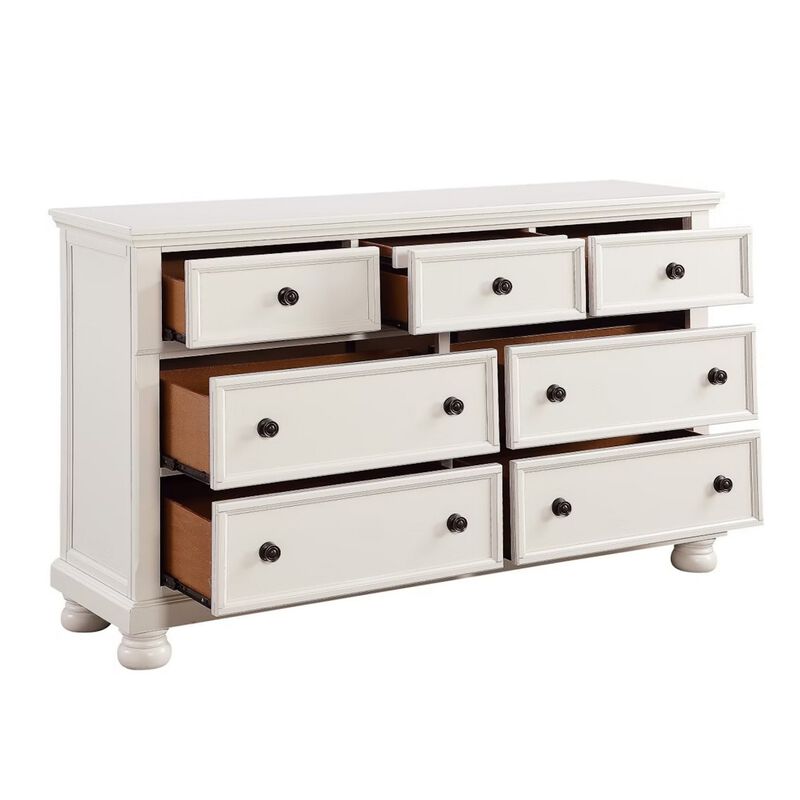 Transitional Style Seven Drawer Wooden Dresser with Round Bun Legs, White - Benzara image number 2