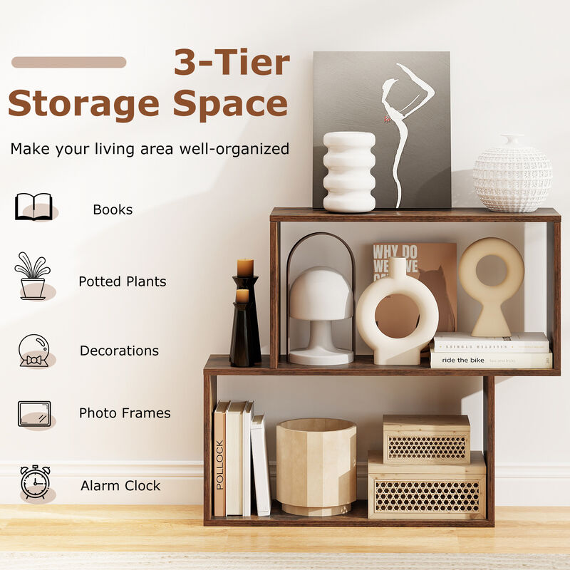 Freestanding 3 Tier Geometric Bookshelf Wooden Bookcase with 2 Cubic Compartments-Brown image number 7