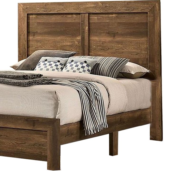 Rustic Style Wooden Queen Bed with Grain Details, Brown-Benzara
