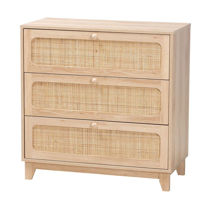 Baxton Studio Elsbeth Japandi Oak Finished Wood and Natural Rattan 3 Drawer Storage Cabinet image number 0