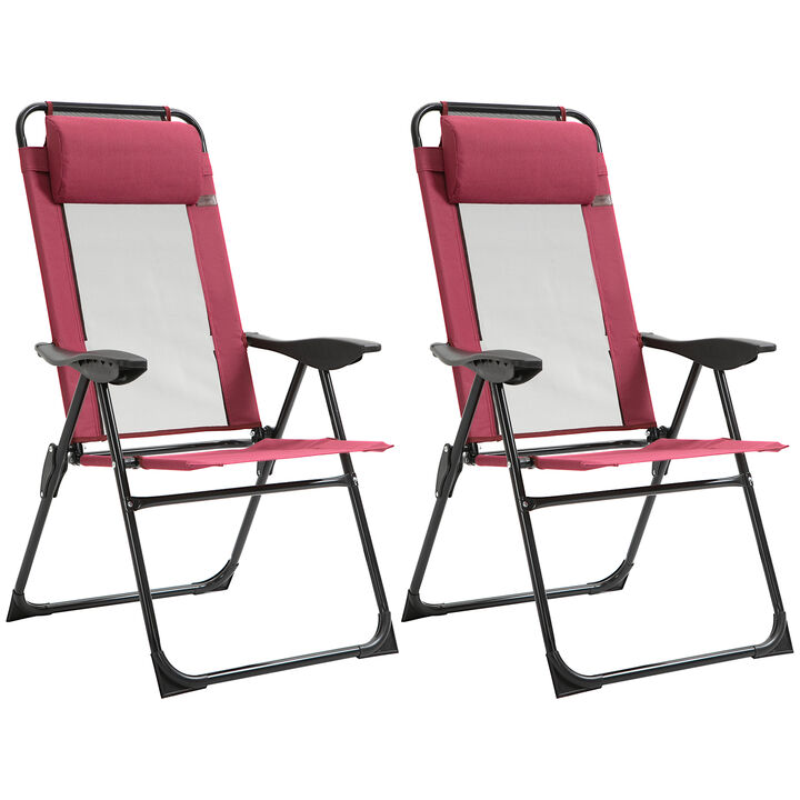 Outsunny Folding Patio Chairs Set of 2, Outdoor Deck Chair with Adjustable Sling Back, Camping Chair with Removable Headrest for Garden, Backyard, Lawn, Red
