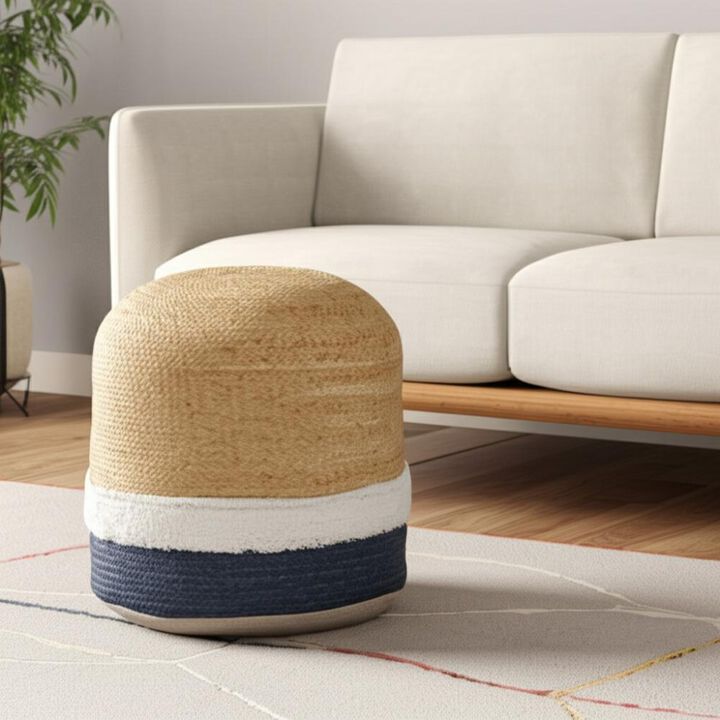 Hivvago 18 Inch Natural And Navy Blue Jute Blend Cylinder Striped Pouf Ottoman