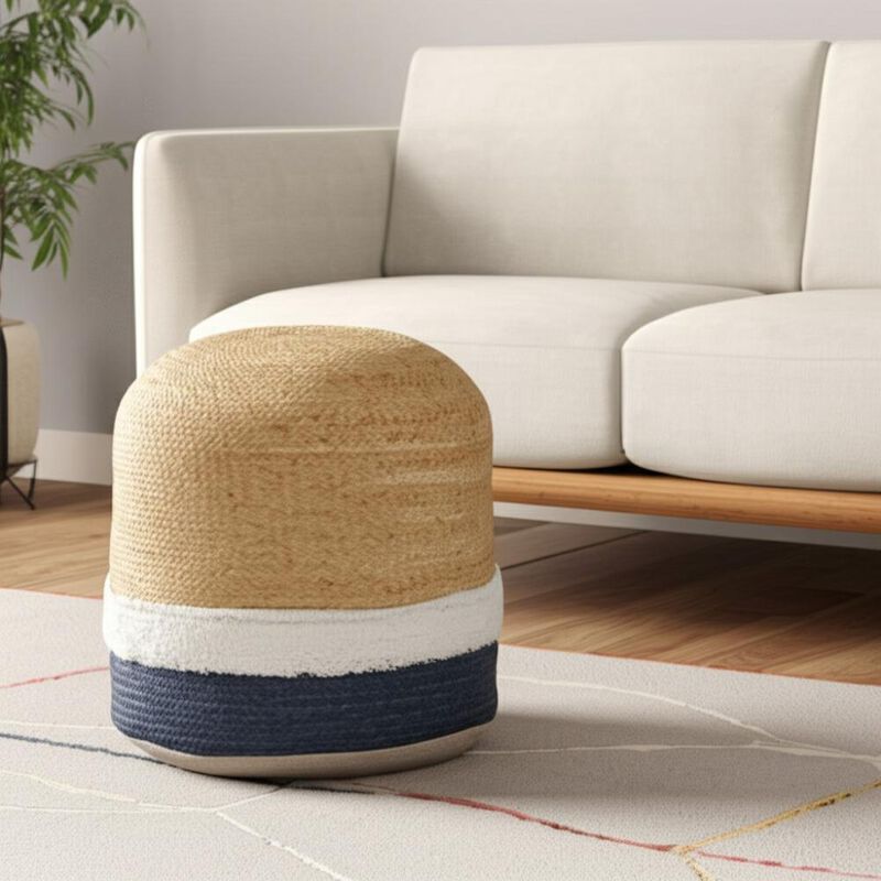 Hivvago 18 Inch Natural And Navy Blue Jute Blend Cylinder Striped Pouf Ottoman