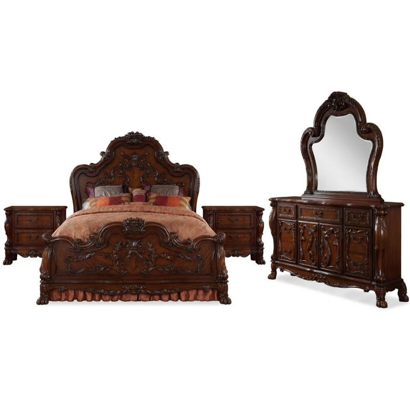 Queen Size Bedroom Set, Wood Design, Brown Finish, 5-Piece Set with Bed, 2 Nightstands, Dresser and Mirror image number 0