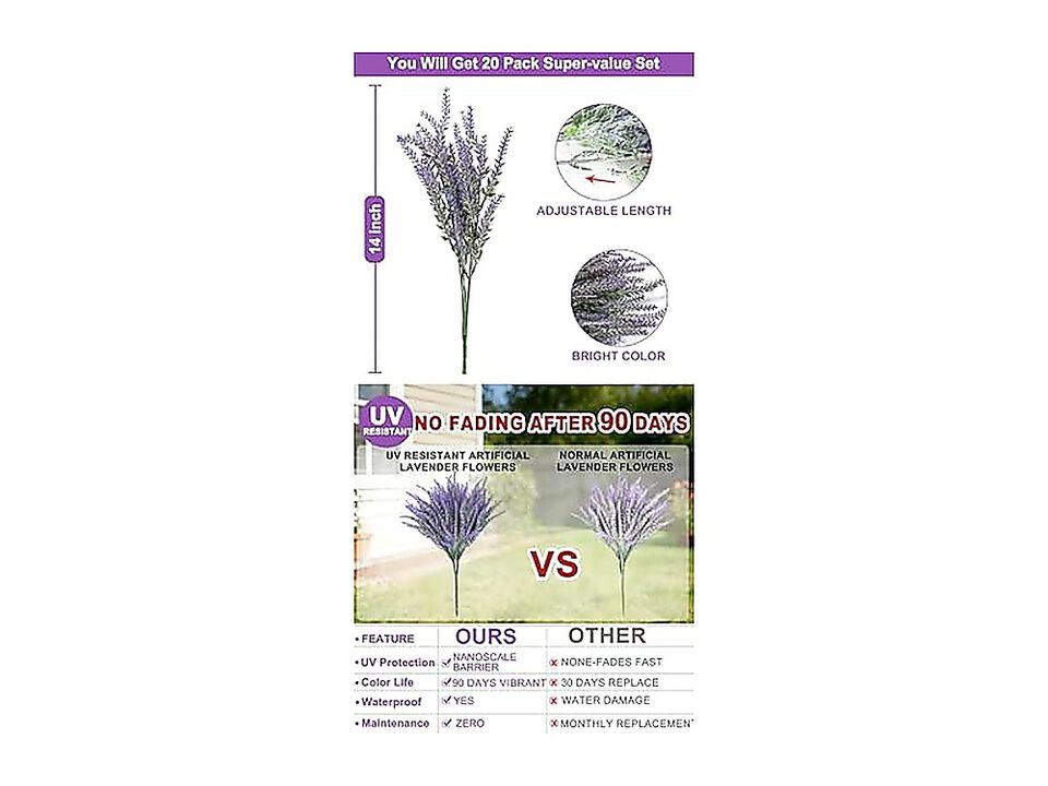 20 Bundles Artificial Lavender Flowers Outdoors Summer Decor UV Resistant No Box