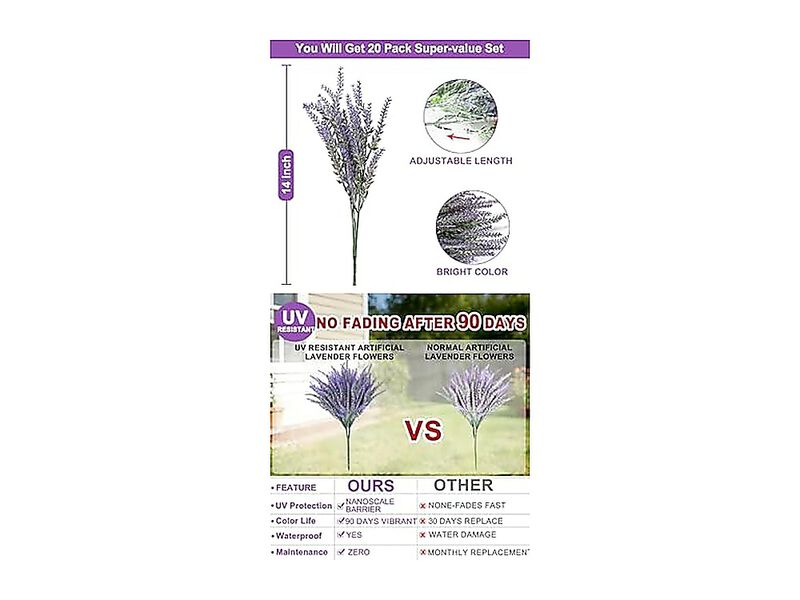 20 Bundles Artificial Lavender Flowers Outdoors Summer Decor UV Resistant No Box image number 1