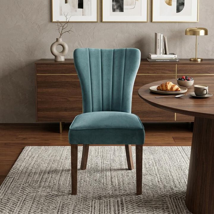 HomeRoots Set of Two Teal Blue and Brown Upholstered Velvet Dining Parsons Chairs