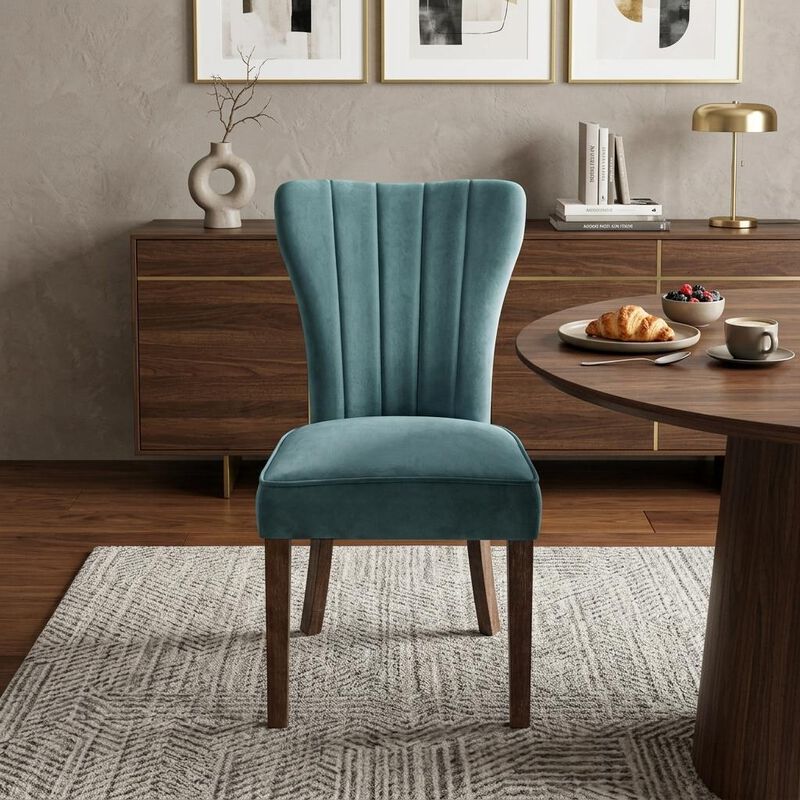 HomeRoots Set of Two Teal Blue and Brown Upholstered Velvet Dining Parsons Chairs image number 1