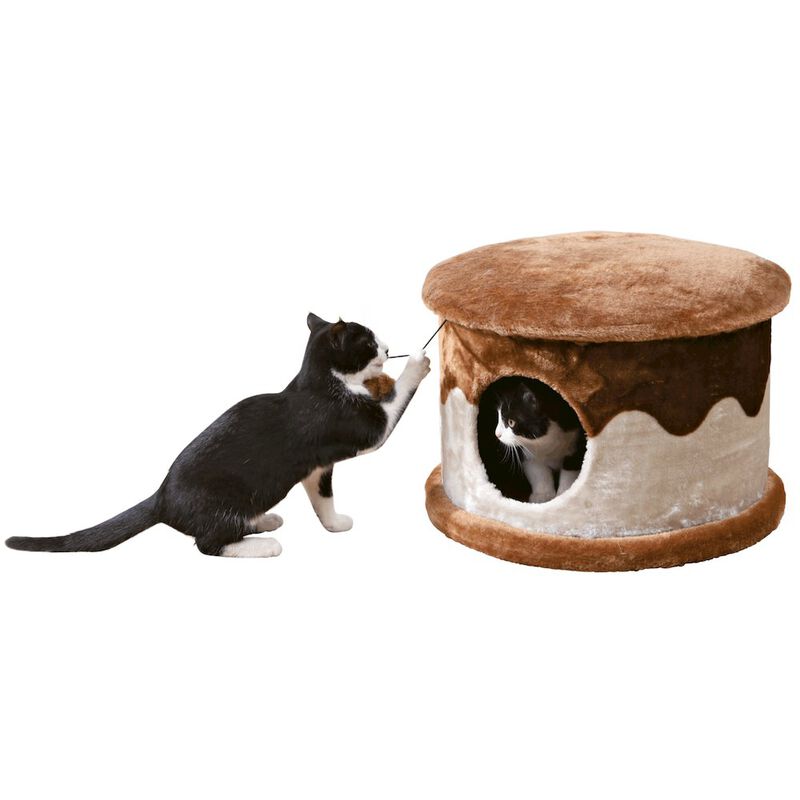 TRIXIE Cozy Plush Cover Indoor Cat Condo with a Cat Toy on String, Brown-Beige image number 6