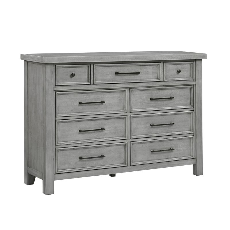 Daisy 62 Inch Dresser, Gray Mango Veneer, 9 Drawers, Bronze Metal - Benzara