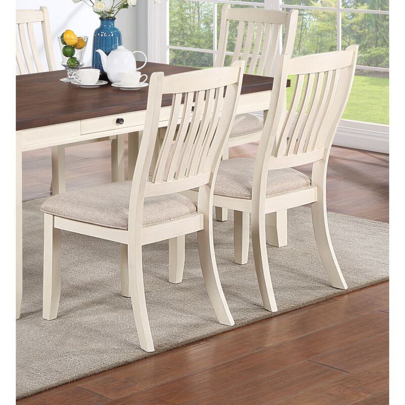 White Classic 2 PCS Dining Chairs Set Rubberwood Beige Fabric Cushion Seats Slats Backs Dining Room Furniture Side Chair
