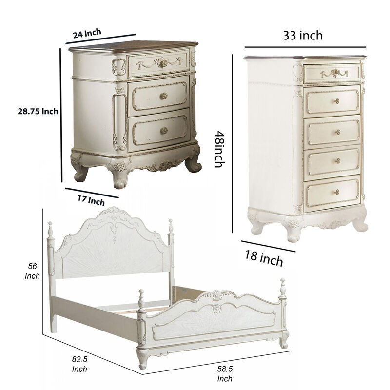 Prin 3 Pc Full Size Bedroom Set, Ornate Carvings, Antique White, Traditional image number 5