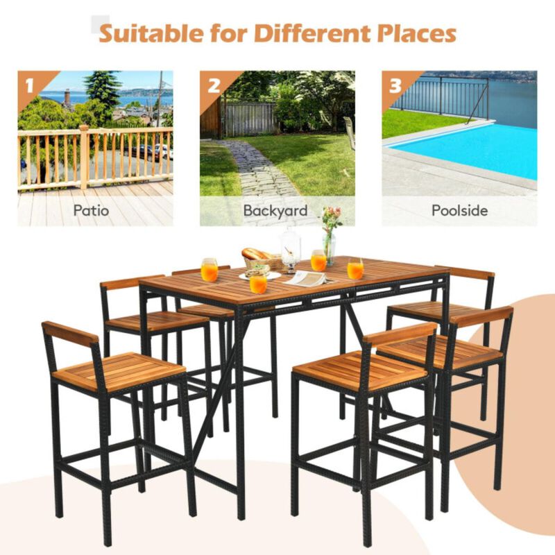 Hivvago 7 Pieces Acacia Wood Patio Rattan Bar Set with Umbrella Hole