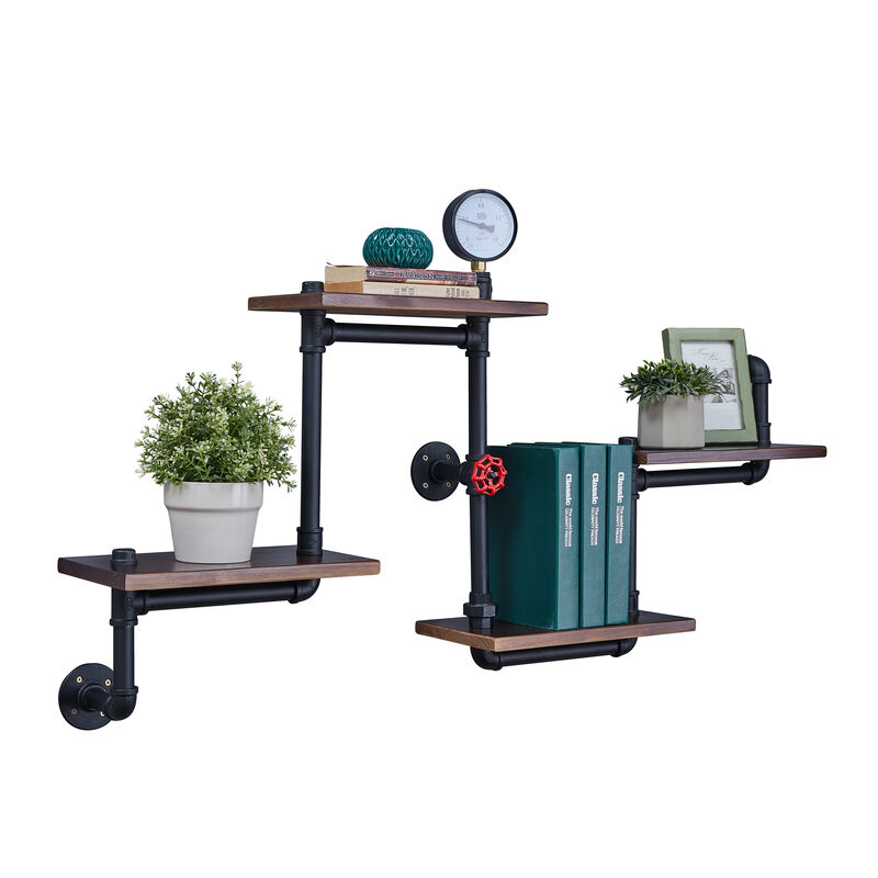 4-Tier Floating Corner Or Flat Wall Shelf Staggered Floating Industrial Rustic Pipe Shelving Unit � Wall Mount