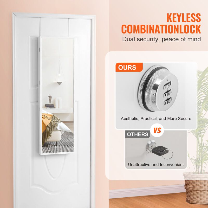 Lockable Mirror Jewelry Cabinet, Wall or Door Mounted Storage Armoire with Hooks & Shelves