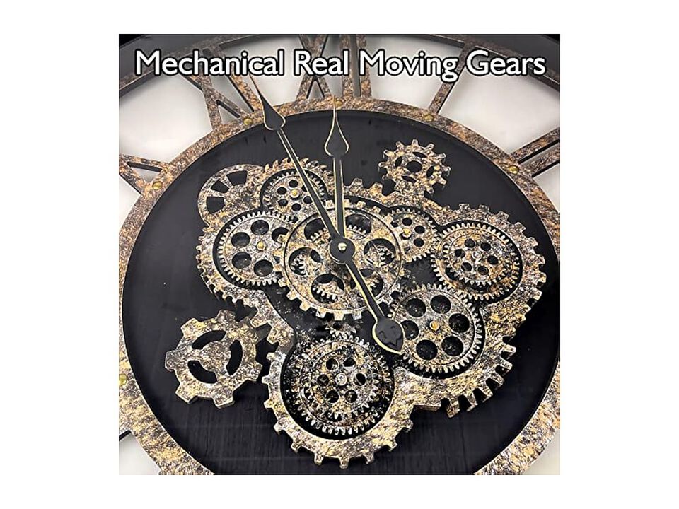Real Moving Gears Toughened Glass Solid Wall Clock 27 Inch Wood Black Rustic