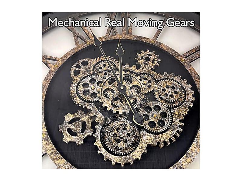 Real Moving Gears Toughened Glass Solid Wall Clock 27 Inch Wood Black Rustic image number 1