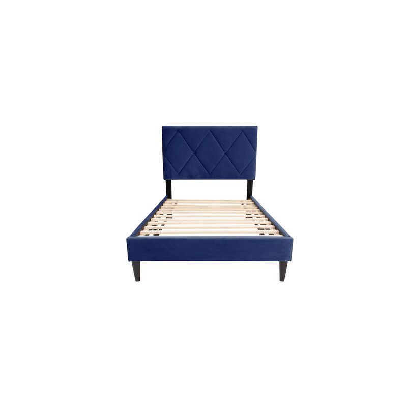 Poundex Adjustable Diamond Tufted Headboard Twin Bed Frame in Navy Blue Velvet