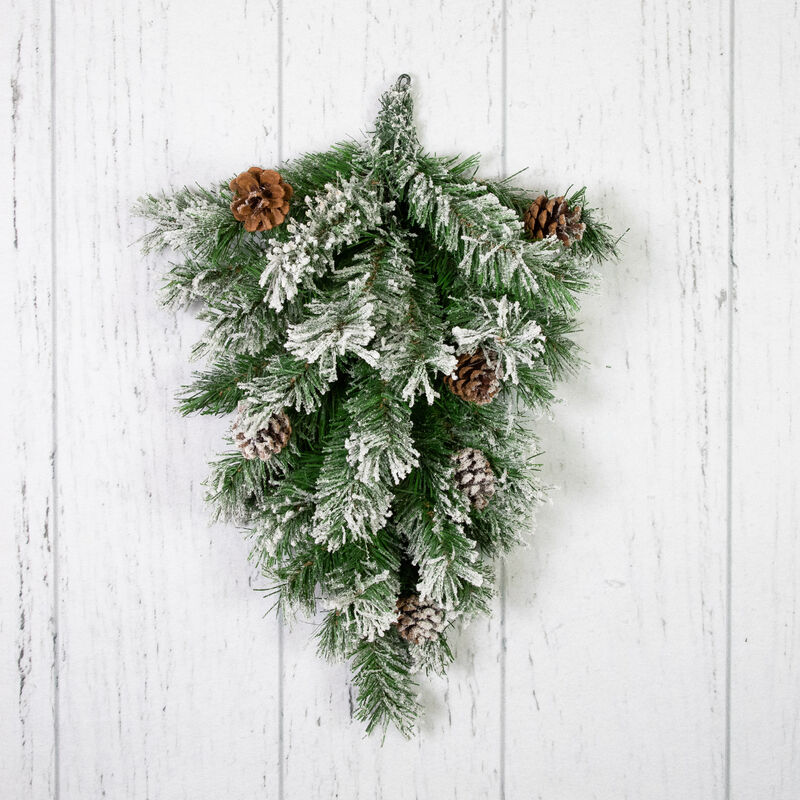 22" Snowy Flocked Angel Pine with Pine Cones Christmas Teardrop Swag - Unlit