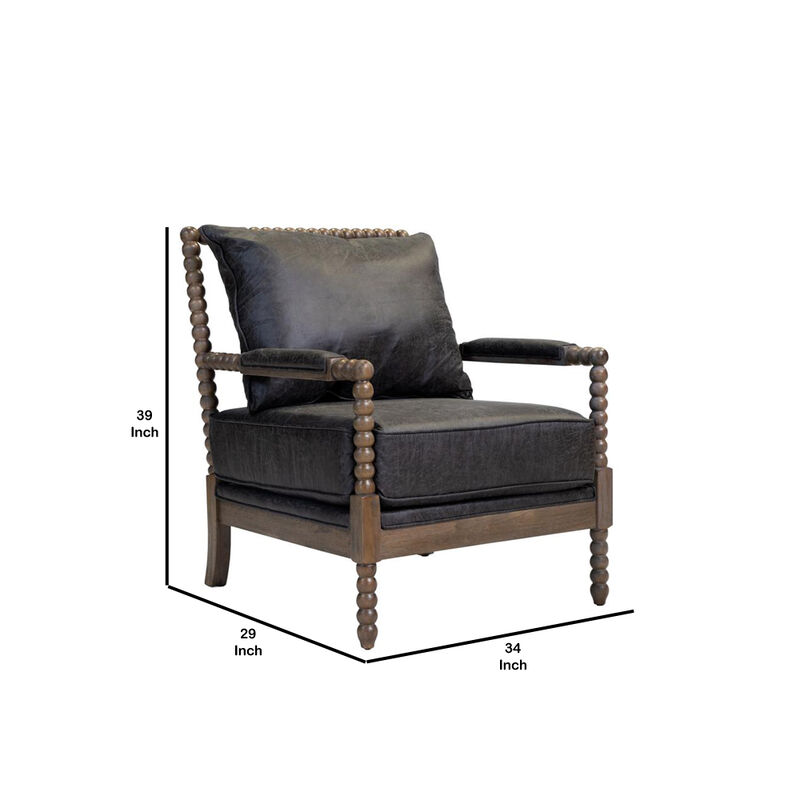 Leatherette Wooden Accent Chair with Beaded Frame, Gray and Brown-Benzara