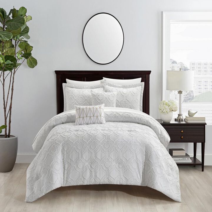 Chic Home Jane Comforter Set Clip Jacquard Geometric Quatrefoil Pattern Design Bedding - Decorative Pillows Shams Included - 5 Piece - King 104x90", White