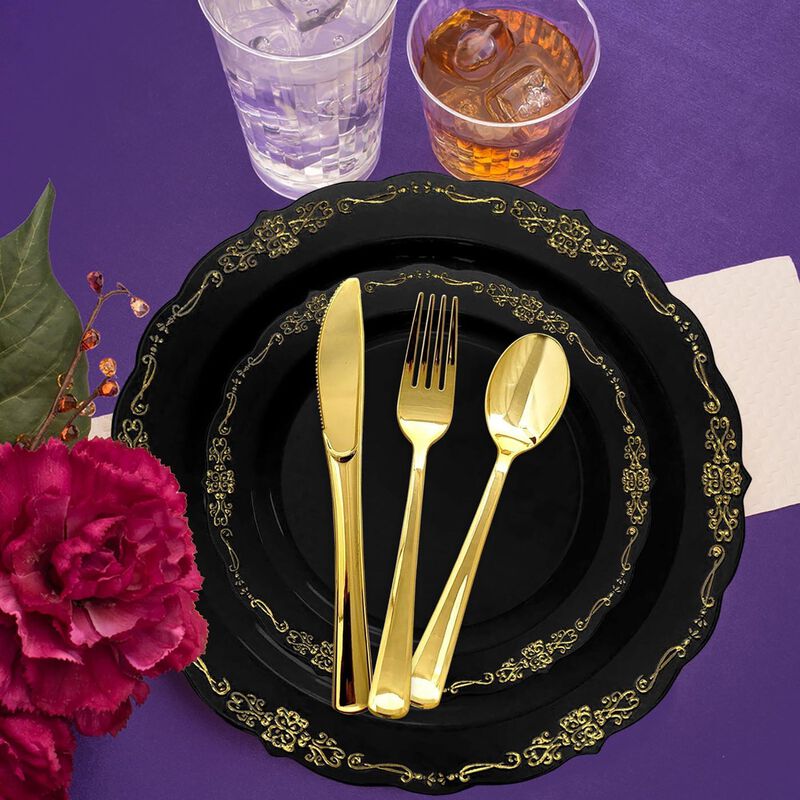 Black with Gold Vintage Rim Round Plastic Wedding Value Set (30 Sets) image number 7