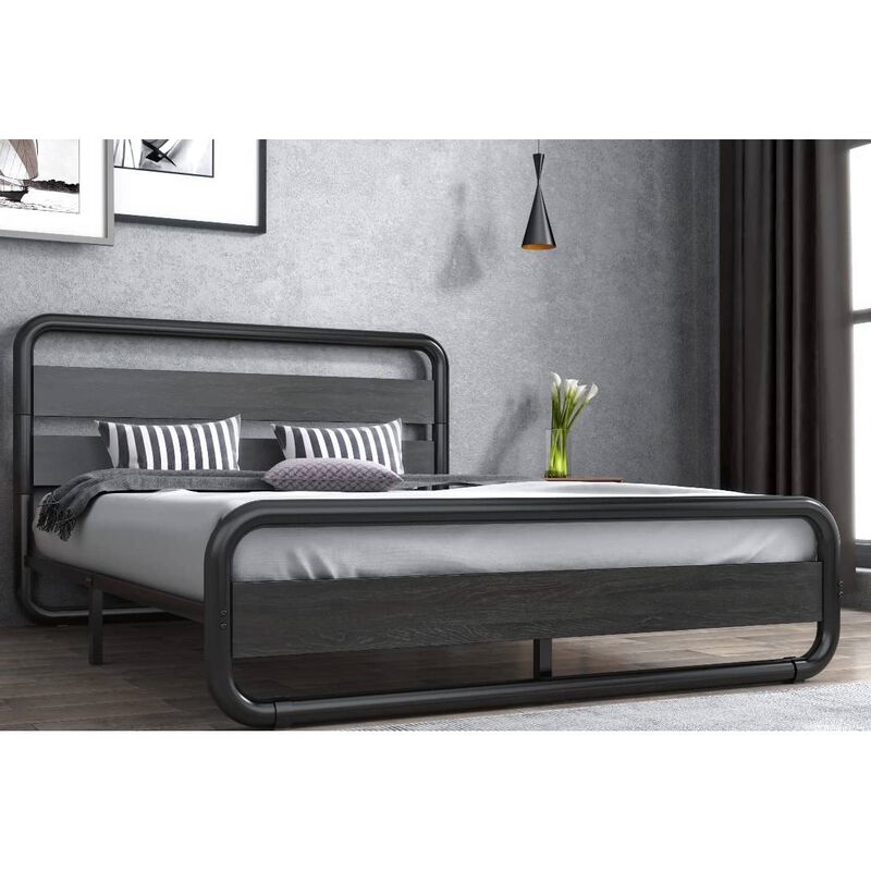 Hivvago King Heavy Duty Round Metal Frame Platform Bed with Black Wood Panel Headboard