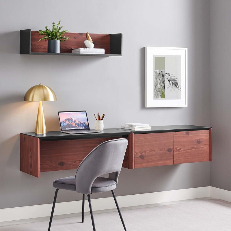 Modway EEI-6311-BLK-CHE Kinetic 38" Wall-Mount Office Desk with Cabinet and Shelf, Black Cherry image number 1