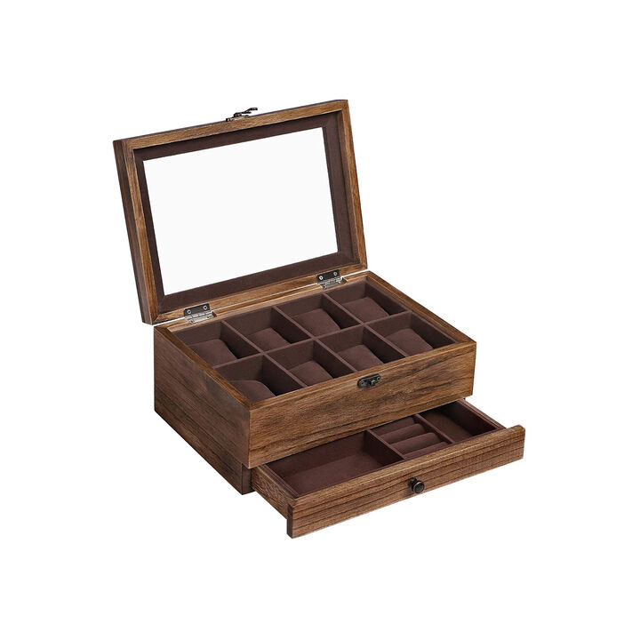 Rustic Walnut Solid Wood Watch Box with Pillows and Glass Lid - Perfect for Men