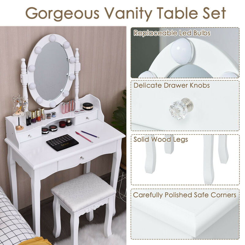 Vanity Set with Oval LED Mirror, 10 Dimmable Bulbs & 3 Drawers