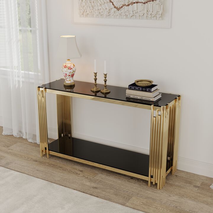 Modern Glass Console Table, 55" Gold Sofa Table with Sturdy Metal Frame and Black Tempered Glass Top, for Living Room Entryway Bedroom, Gold Finish