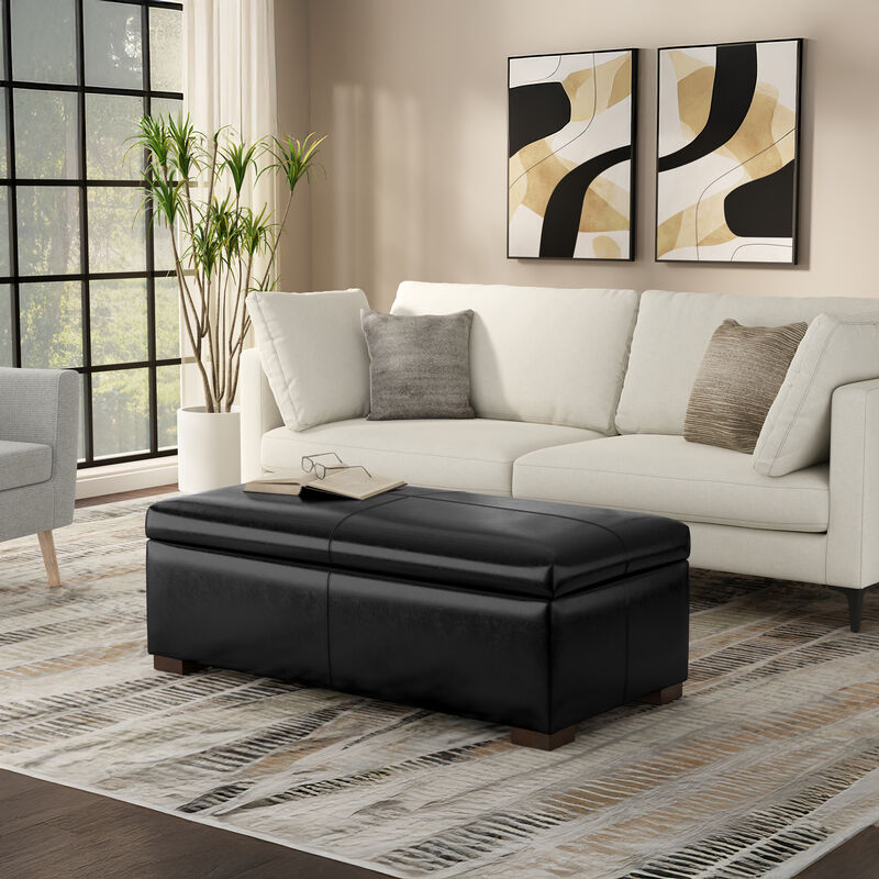Gabbie 48 inch Wide Contemporary Rectangle Rectangular Storage Ottoman in Midnight Black PU Black faux leather, Assembled image number 2