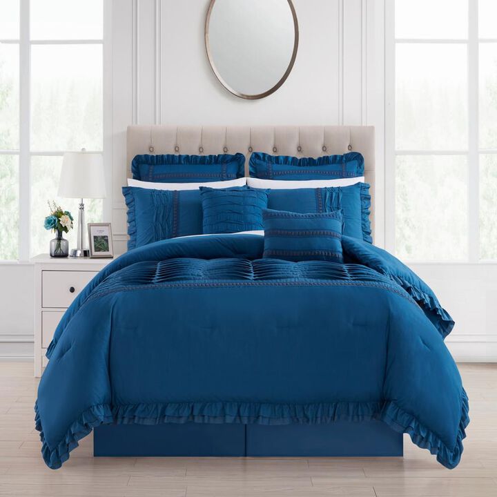 Chic Home Yvette Comforter Set Ruffled Pleated Flange Border Design Bed In A Bag Blue, Queen