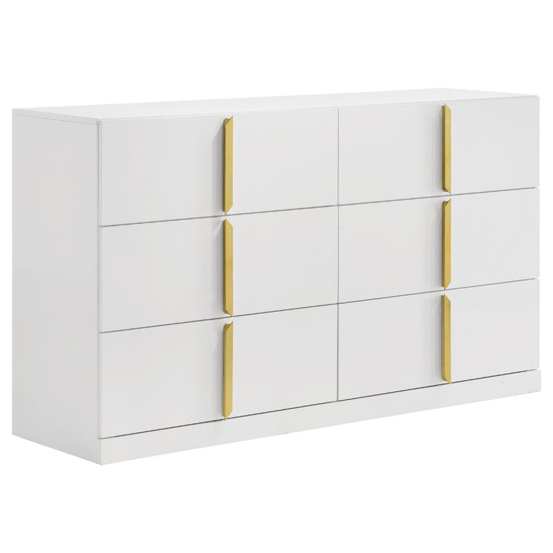 Orion Wide Dresser with 6 Drawers, Gold Handles, Glossy White Wood image number 2