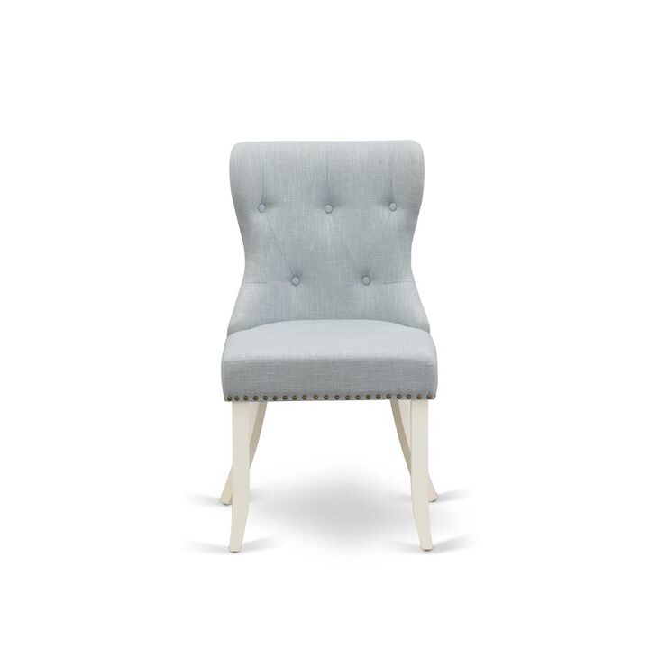 East West Furniture - Set of 2 - Parson Chairs- Dining Room Chair Includes Linen White Solid Wood Structure with Baby Blue Linen Fabric Seat with Nail Head and Button Tufted Back