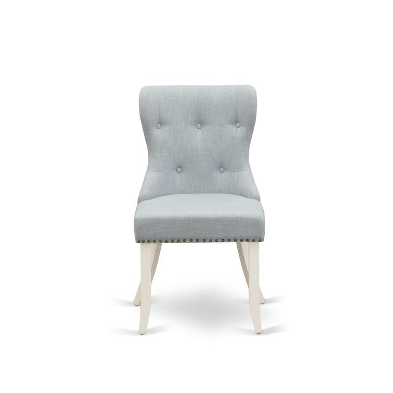 East West Furniture - Set of 2 - Parson Chairs- Dining Room Chair Includes Linen White Solid Wood Structure with Baby Blue Linen Fabric Seat with Nail Head and Button Tufted Back
