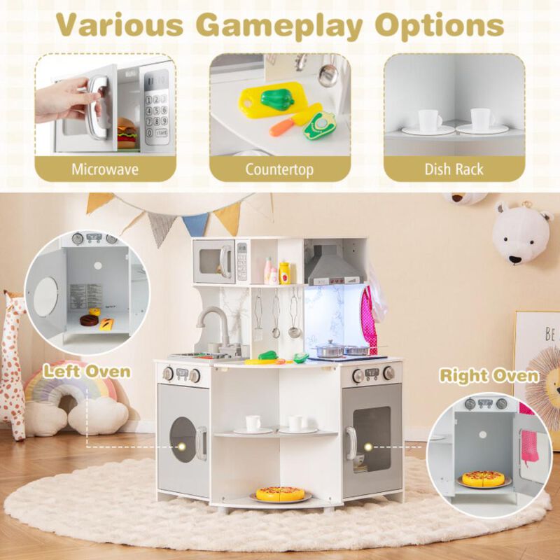Hivvago Kids Corner Wooden Play Kitchen with Range Hood and Stoves
