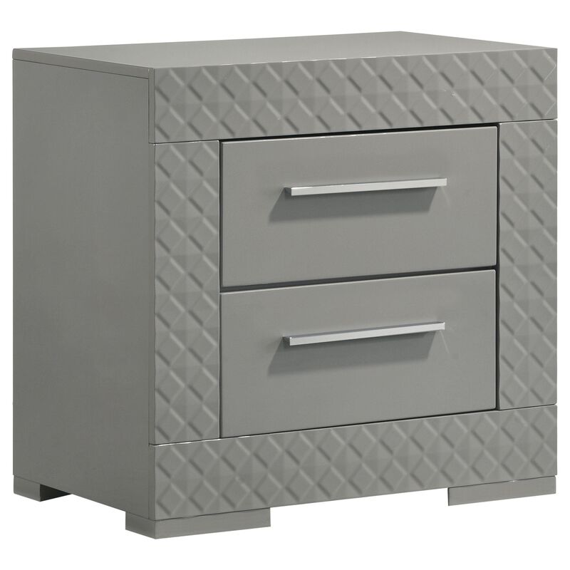Ivon Nightstand, 2 Storage Drawers, 26 Inch Glossy Gray Hardwood - Benzara