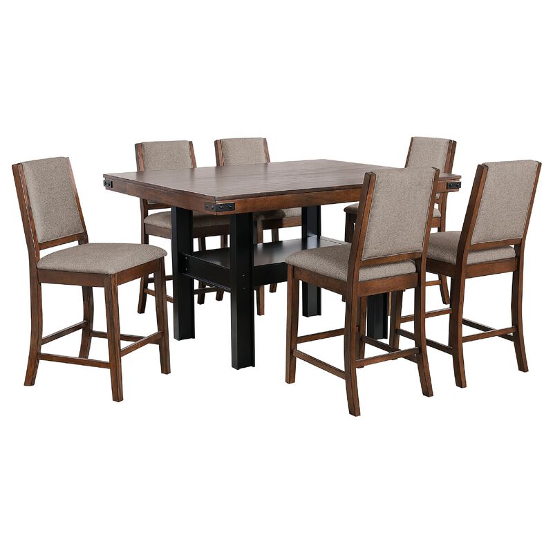 Patter 7 Piece Counter Height Dining Set, 6 Padded Chairs, Mango Oak - Benzara