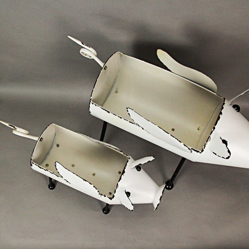 Rustic White Painted Galvanized Metal Flying Pig Standing Planters Set of 2 image number 2
