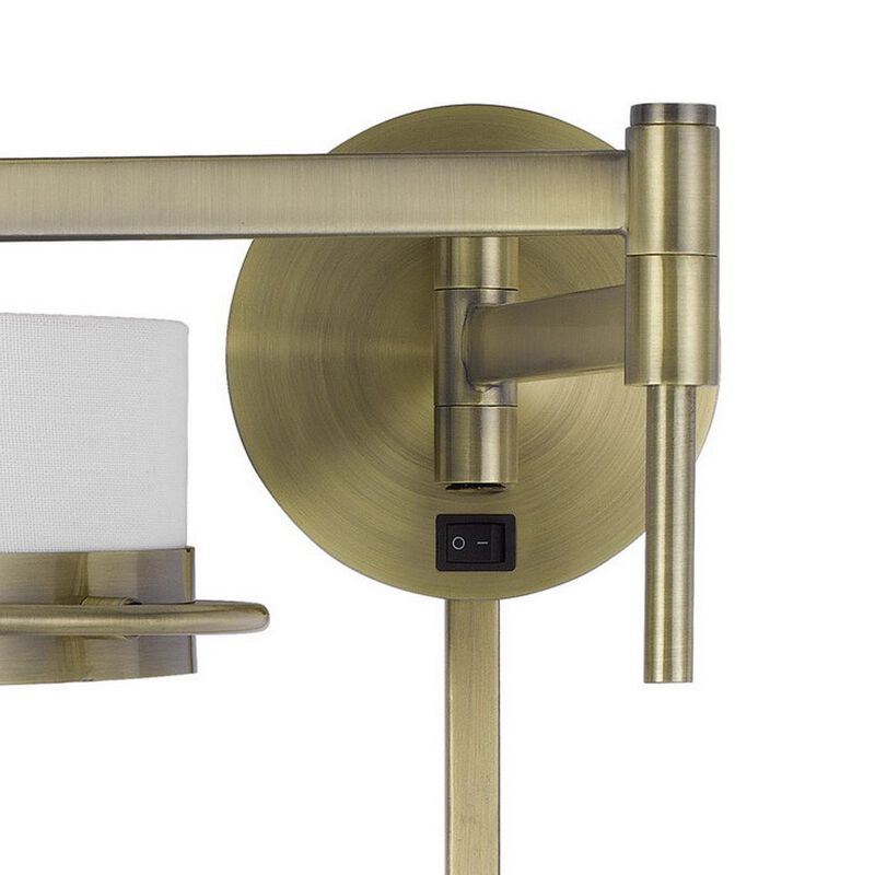 21 Inch Modern Wall Lamp with Swing Arm, Integrated LED, White Shade, Brass-Benzara image number 2