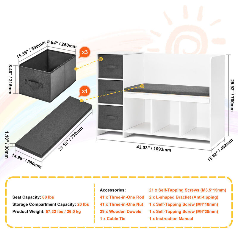 Kids Reading Nook Bench with 6 Cubby Storage Drawers and Detachable Seat Cushion
