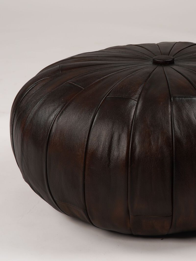 Handmade Eco-Friendly Solid Leather Brown Round Pouf 24"x24"x18" From BBH Homes