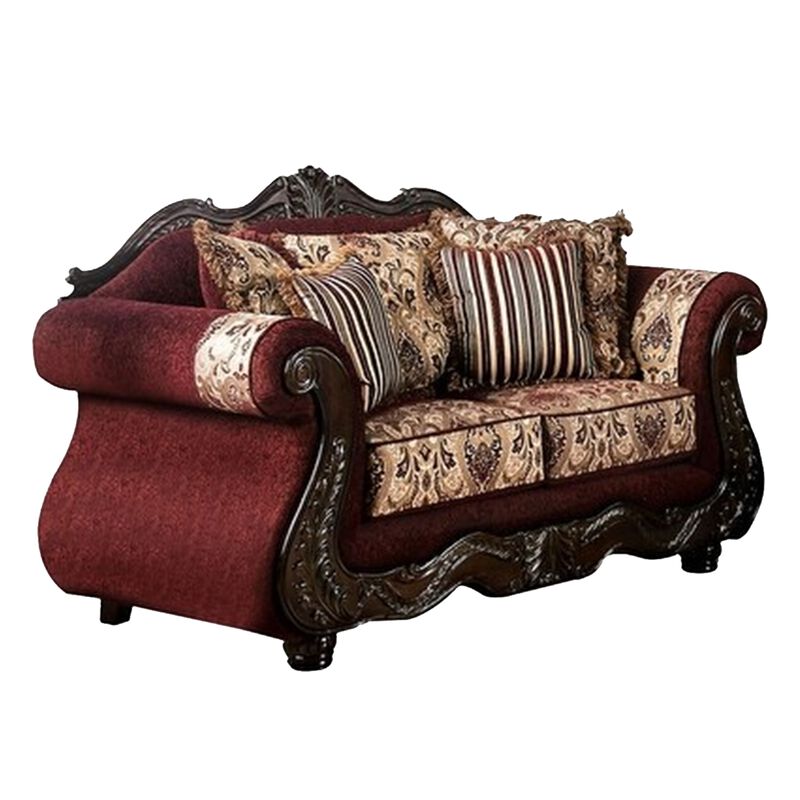 Maty 2pc Sofa Loveseat Set, Burgundy Brown Chenille, 5 Accent Pillows - Benzara image number 2
